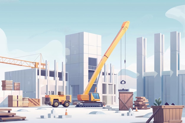 Contemporary minimalist digital artwork of a modern construction site with heavy machinery and cranes Showcasing the urban development and infrastructure growth in the city