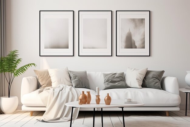 A contemporary and minimalist interior design featuring a white color scheme The posters in the livi