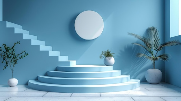 contemporary minimalistic interior design with arch and stairs blue color stairs 3d render illustrat