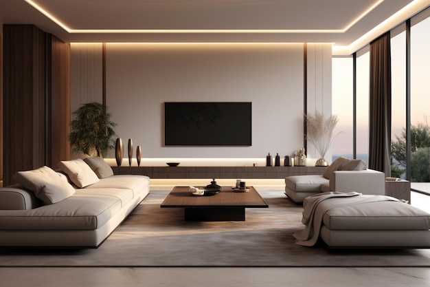 Contemporary modern living room with a TV screen combining technology and entertainment