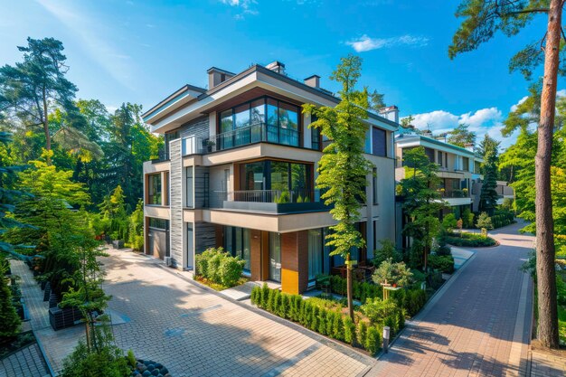 Contemporary multistorey house exterior against trees with pavement under blue sky