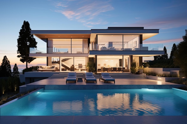 A contemporary multitiered home with a swimming pool outside seen at twilight