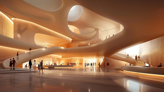 Contemporary museum interior with abstract lighting and open space