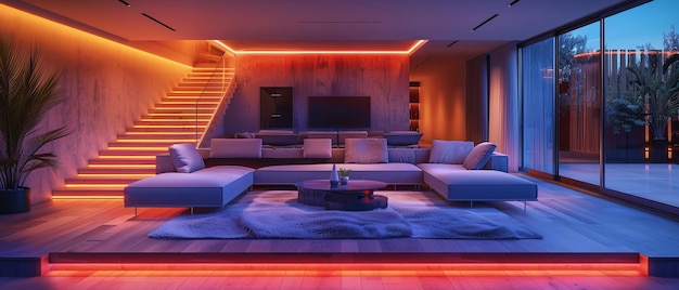 Contemporary NeonLit Living Room with Minimalist Design and Vibrant Accents for Modern Luxury Living