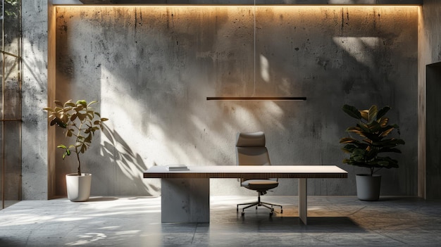 Contemporary office interior with concrete walls concrete floor computer table and plant 3d render