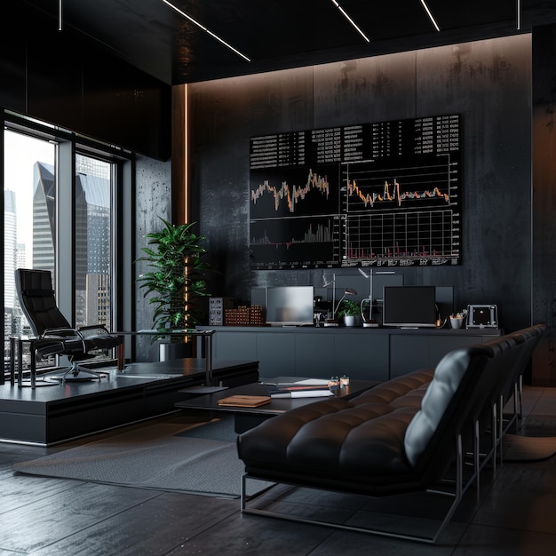 Contemporary office interior with panoramic city view 3D Rendering