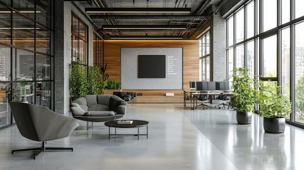 Contemporary office interior with stylish decor and modern furniture