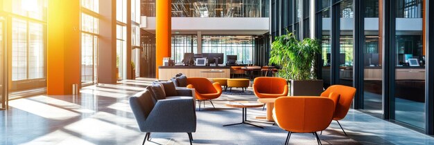 Photo a contemporary office lobby with large windows bright sunlight streaming in comfortable armch