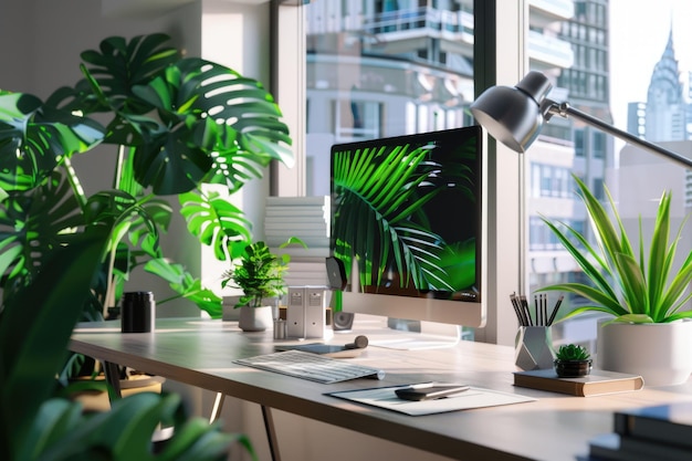 Photo contemporary office setup computer desk lamp and lush greenery