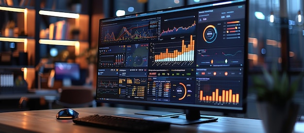 A contemporary office setup featuring a large monitor with data analytics and business charts creating a professional and focused atmosphere