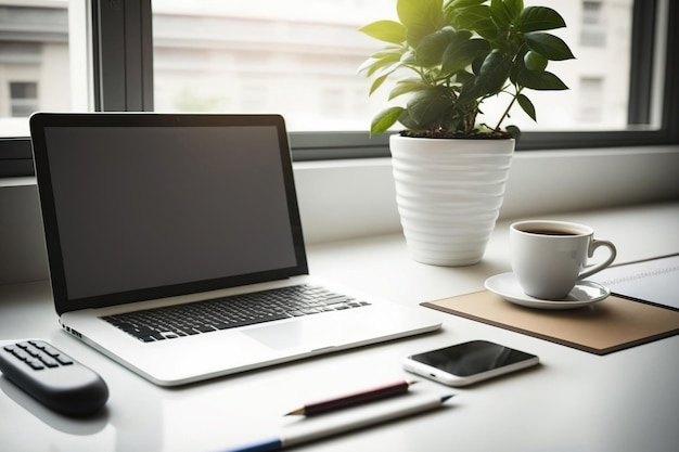 On a contemporary office table are a laptop a tablet a pencil and a coffee cup with a planter