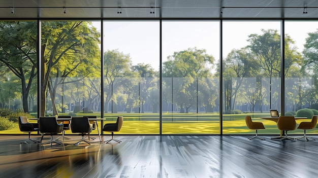 contemporary office with floortoceiling windows providing a panoramic view of a serene park