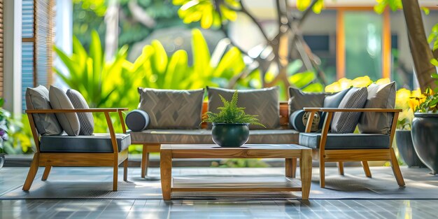 Photo contemporary outdoor seating area with wooden furniture on a veranda concept outdoor design wooden furniture veranda decor contemporary seating area