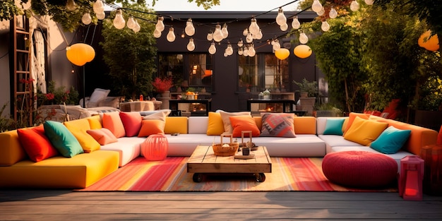 contemporary outdoor seating arrangement featuring modular sofas a stylish area rug and hanging string lights