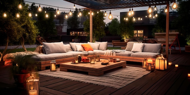 contemporary outdoor seating arrangement featuring modular sofas a stylish area rug and hanging string lights