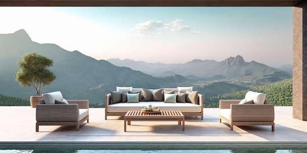 Contemporary pool terrace in front pool terrace with mountain view 3d render furnished