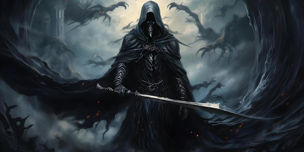 Contemporary Representation of Grim Reaper with Skeleton Traits and Dark Garb Concept Grim Reaper Skeleton Traits Contemporary Representation Dark Garb Artistic Depiction