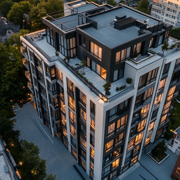 Photo contemporary residential building in the city exterior of a modern design of multistorey apartment building aerial view v 61 job id 2385acccb9e54705b71c7a5505f203ac