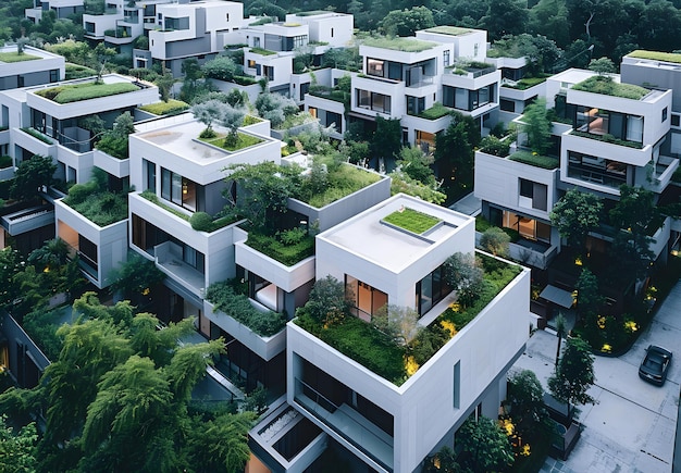 Contemporary residential buildings with balconies and gardens