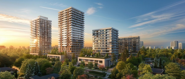 Contemporary residential complex with sharp lines and expansive glass windows under a clear blue sky