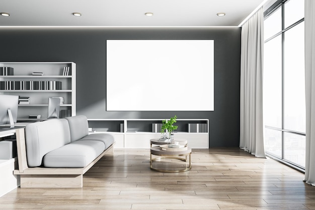 Contemporary restroom with sofa and blank banner on wall