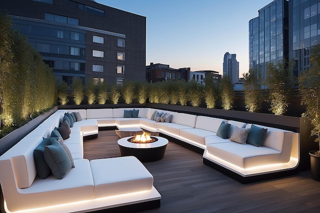 Contemporary rooftop terrace featuring builtin lounge pods with 360degree rotating seats for dynamic city viewing