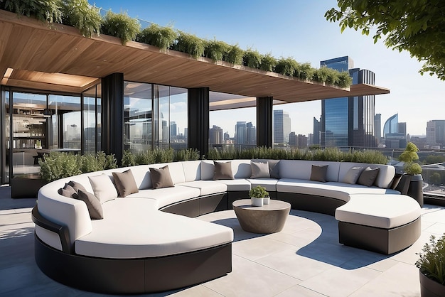 Contemporary rooftop terrace featuring builtin lounge pods with 360degree rotating seats for dynamic city viewing