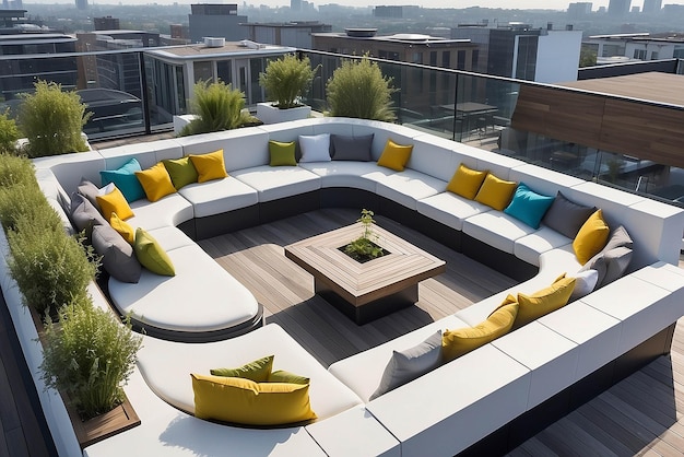 Contemporary rooftop terrace featuring builtin lounge pods with 360degree rotating seats for dynamic city viewing