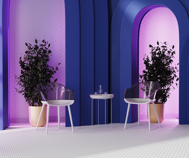 Contemporary room design with design chairs and coffee table with blue arches and pink cove neon light 3d rendering