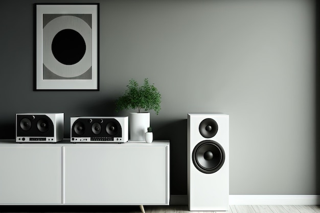 A contemporary room with a mock up audio stereo system and white speakers on a bureau