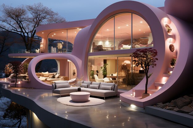 Contemporary RoseColored Dwelling Featuring a Circular Design