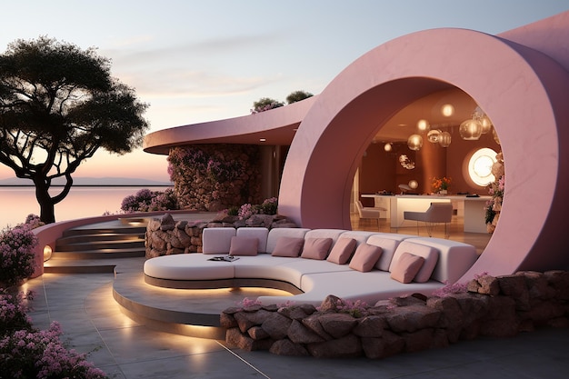 Contemporary RoseColored Dwelling Featuring a Circular Design