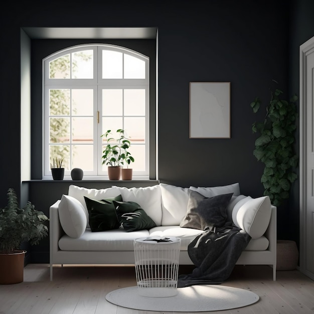 Contemporary Scandinavian Apartment Interior Design White Sofa and Dark Stucco Wall Contrasts in Living Room with Window View Generative AI