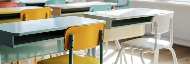 Photo contemporary school desks in light yellow light blue white and light green under natural lighting professional backview shot with shallow depth of field