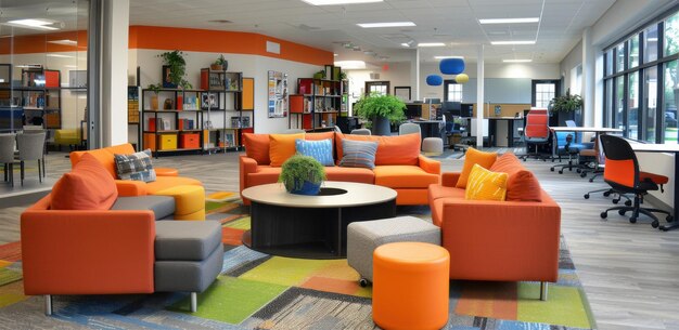 Photo contemporary school library with colorful furniture study areas and shelves creating an inviting and productive learning environment