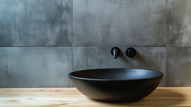 Photo a contemporary setting showcases a sleek black basin and minimalist fixtures on a wooden surface