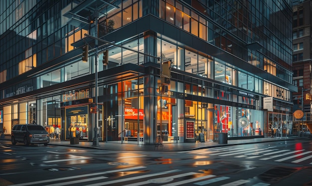 Contemporary storefronts in bustling city centers featuring sleek storefront designs and upscale shopping options