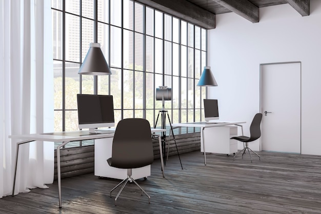 Contemporary studio office interior with window and city view hardwood floor daylight furniture and equipment 3D Rendering