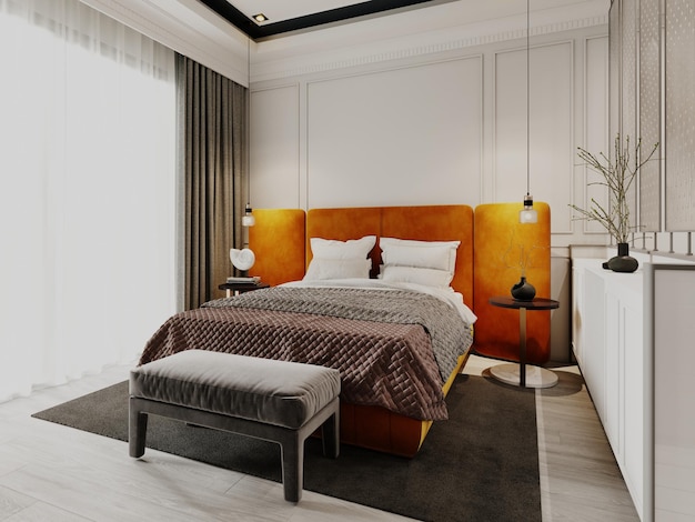 Contemporary style designer bedroom with orange bed and couch and white molding walls 3D rendering