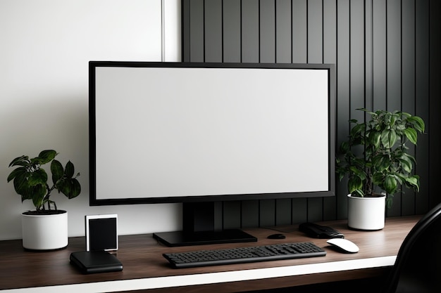 A contemporary supercomputer PC with a blank screen in an office setting