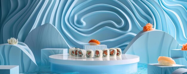 Photo contemporary sushi presentation on blue waveinspired podium