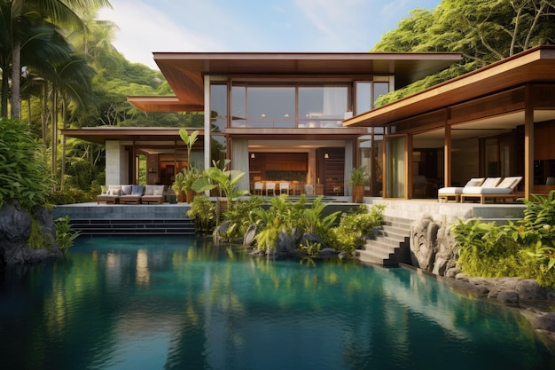 A contemporary tropical residence with a natural surrounding and a pool for swimming