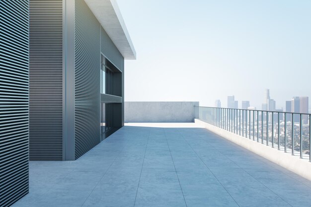 Photo contemporary urban balcony with striking blue flooring and minimalist design city backdrop 3d rendering