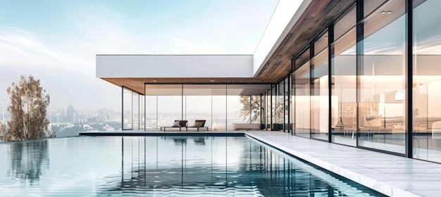 Photo a contemporary villa with a glass facade overlooks a city skyline and a sparkling pool sunlight bathes the homes interior through floortoceiling windows