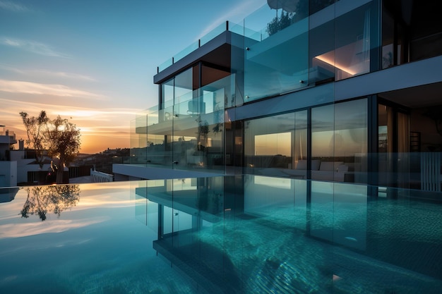 Contemporary villa with pool and garden at blue hour generative ai