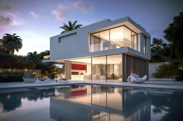 Contemporary villa with pool and garden in a sunny day generative ai