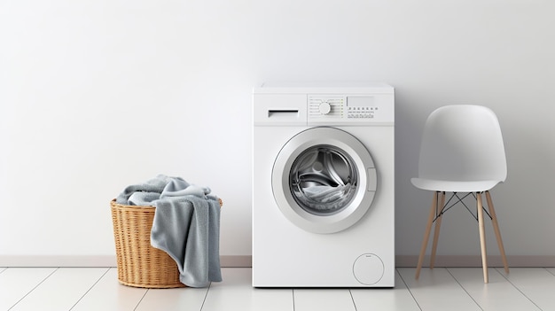 A Contemporary Washing Machine and Laundry Basket Adorned by a White Wall