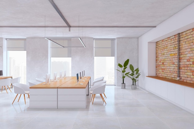 Contemporary white concrete and brick coworking office interior with furniture and equipment 3D Rendering