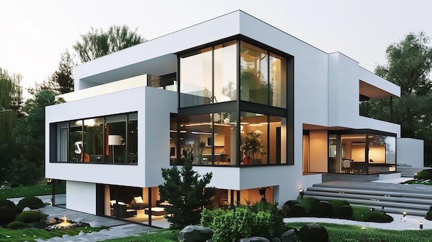 A contemporary white house with large windows inviting natural light to illuminate its modern interior and showcase its minimalist design