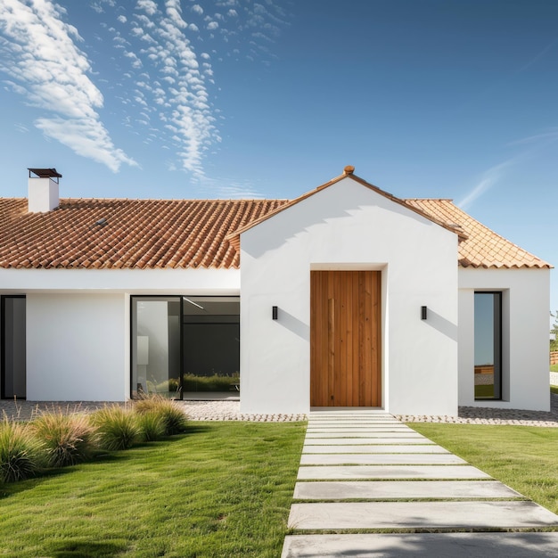 Photo contemporary white house with wood door and lush green lawn on a sunny day